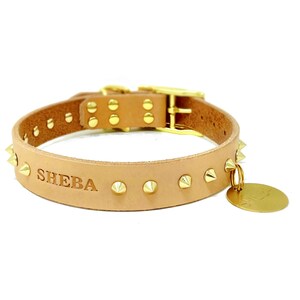 Personalized Star Studded Natural Beige Leather Dog Collar, Brass / Gold Tone Star Studs, with Solid Brass Hanging ID Tag Dog Tag