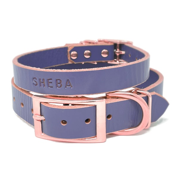 Personalized Leather Dog Collar, Periwinkle Purple Leather, Copper / Rose Gold Tone Buckle, with FREE Name, Pick Your Font
