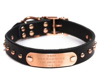 Personalized Studded Black Leather Dog Collar, with Copper / Rose Gold Tone Dome Rivets, Engraved Solid Copper Nameplate Quiet Dog Tag