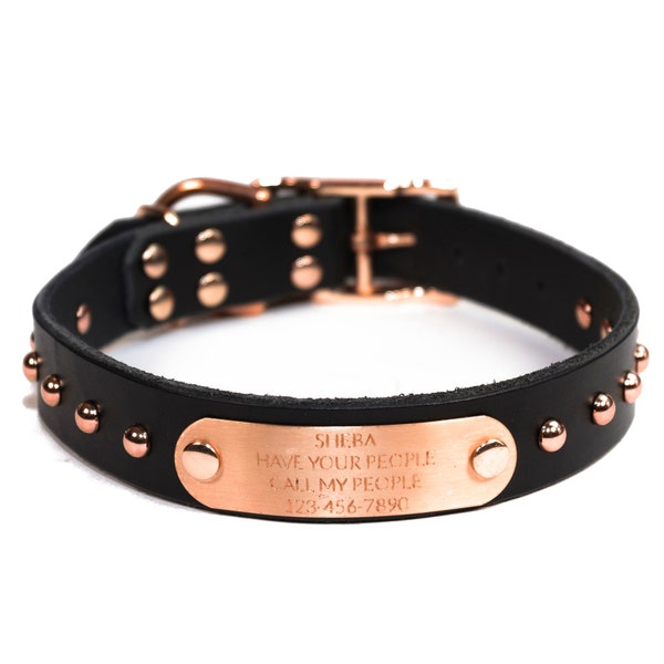 Personalized Studded Black Leather Dog Collar, with Copper / Rose Gold Tone Dome Rivets, Engraved Solid Copper Nameplate Quiet Dog Tag