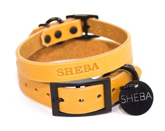 Personalized Yellow Leather Dog Collar, Engraved Round Black Hanging Tag