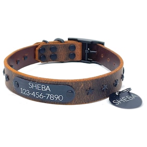 Personalized Star Studded Leather Dog Collar: Engraved Nameplate & ID Tag