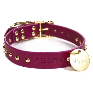 Personalized Studded Magenta Purple Leather Dog Collar, Engraved Solid Brass Hanging ID Tag Dog Tag, Brass / Gold Tone Dome Rivets