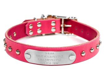 Personalisiertes Nietenhalsband aus rosa Leder, silberfarbene Kuppelnieten, graviertes Namensschild aus Edelstahl, leiser Hundeanhänger