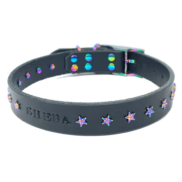 Personalized Black Leather Dog Collar: Rainbow Star Rivets, Embossed Name
