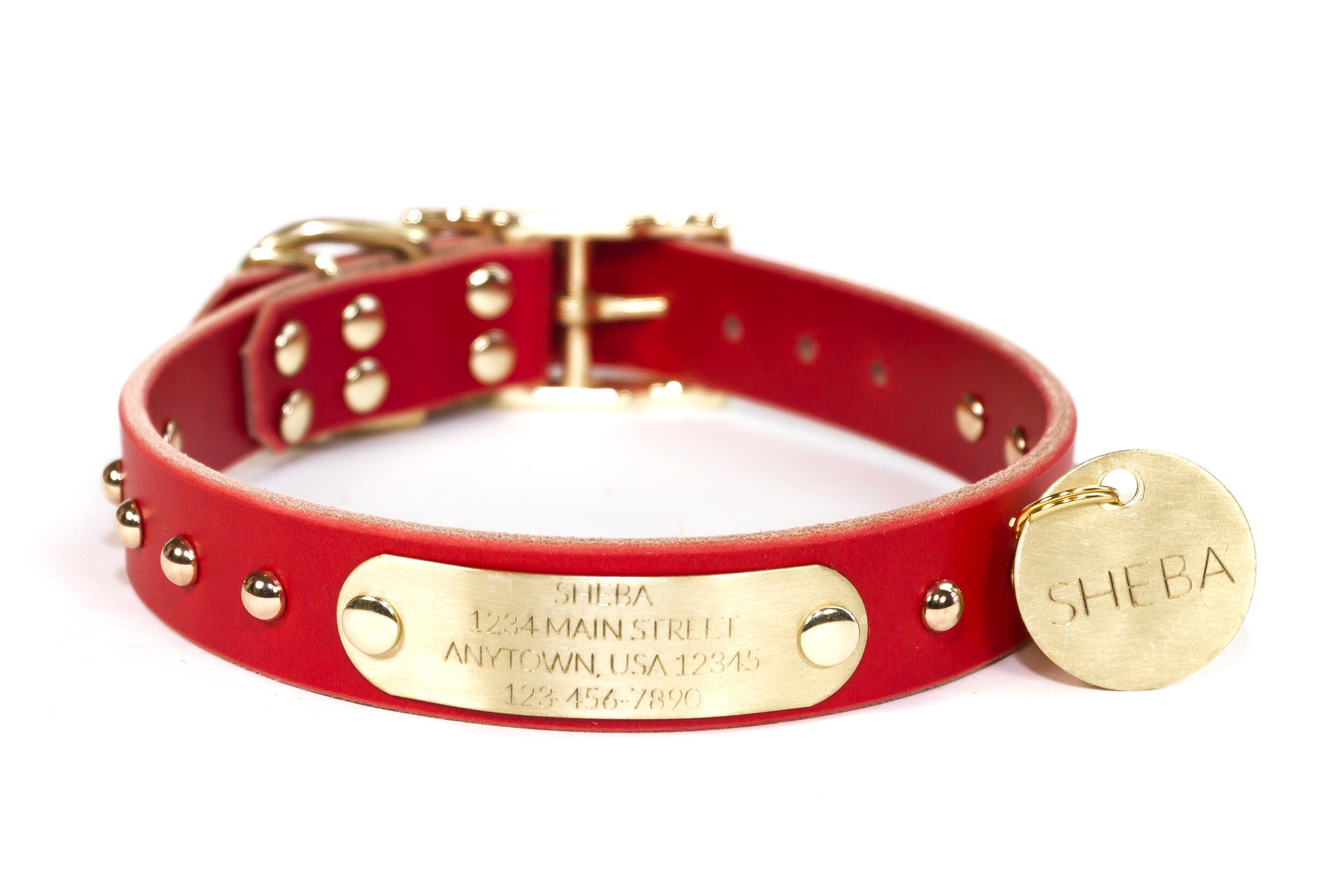 Personalized Studded Red Leather Dog Collar Brass / Gold Tone Etsy