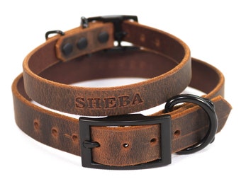 Personalized Distressed Brown Leather Dog Collar, Black Metal Hardware, Embossed Name