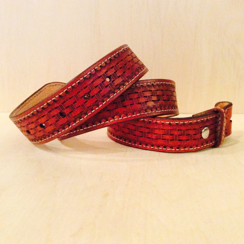 Handmade Leather Belt Basket Weave Stamped Etsy
