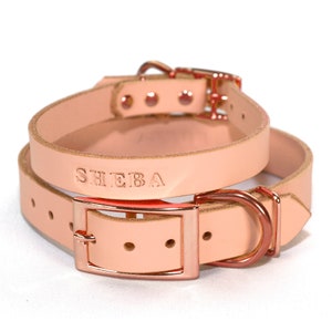 Personalized Blush Pink Leather Dog Collar, Copper / Rose Gold Tone Buckle, with FREE Name, Pick Your Font