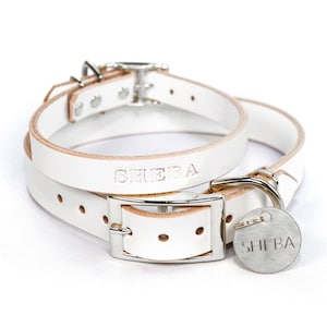 Personalized White Leather Dog Collar, Nickel / Silver Tone Buckle, with Embossed Name and Stainless Steel ID Tag Dog Tag Hanging Tag