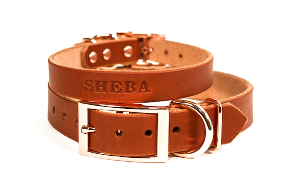Magenta Purple Leather Copper Rose Gold Tone Buckle Personalized Leather Dog Collar with FREE Name Pick Your Font