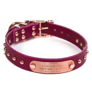 Personalized Studded Magenta Purple Leather Dog Collar, Copper / Rose Gold Dome Rivets, Engraved Solid Copper Nameplate Quiet ID Tag