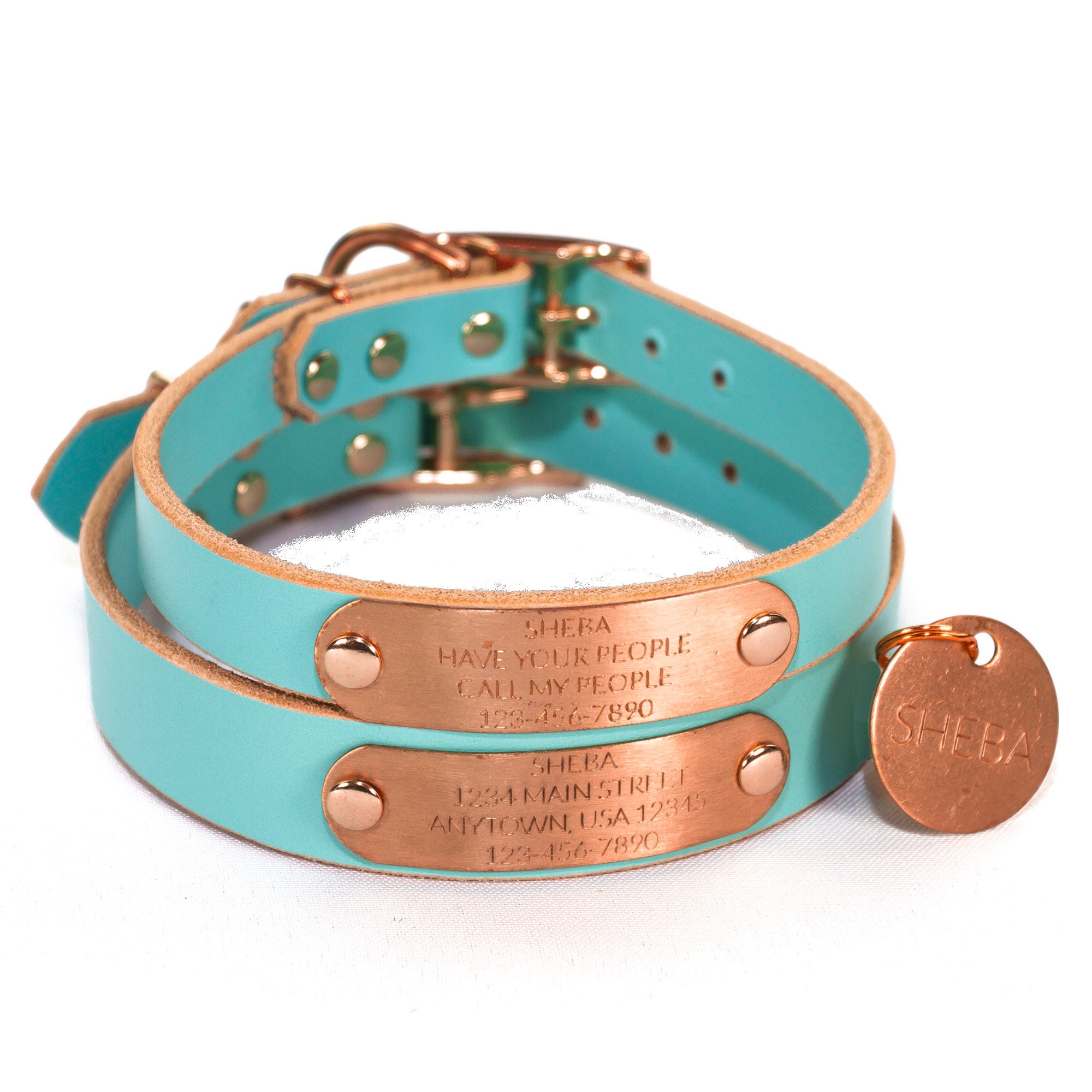 Personalized Light Blue Leather Dog Collar, Engraved Solid Copper Nameplate Id Tag With 4 Lines Of Text, Matching
