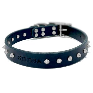 Spiked Personalized Black Leather Dog Collar, Nickel / Silver Tone Buckle, Engraved Name
