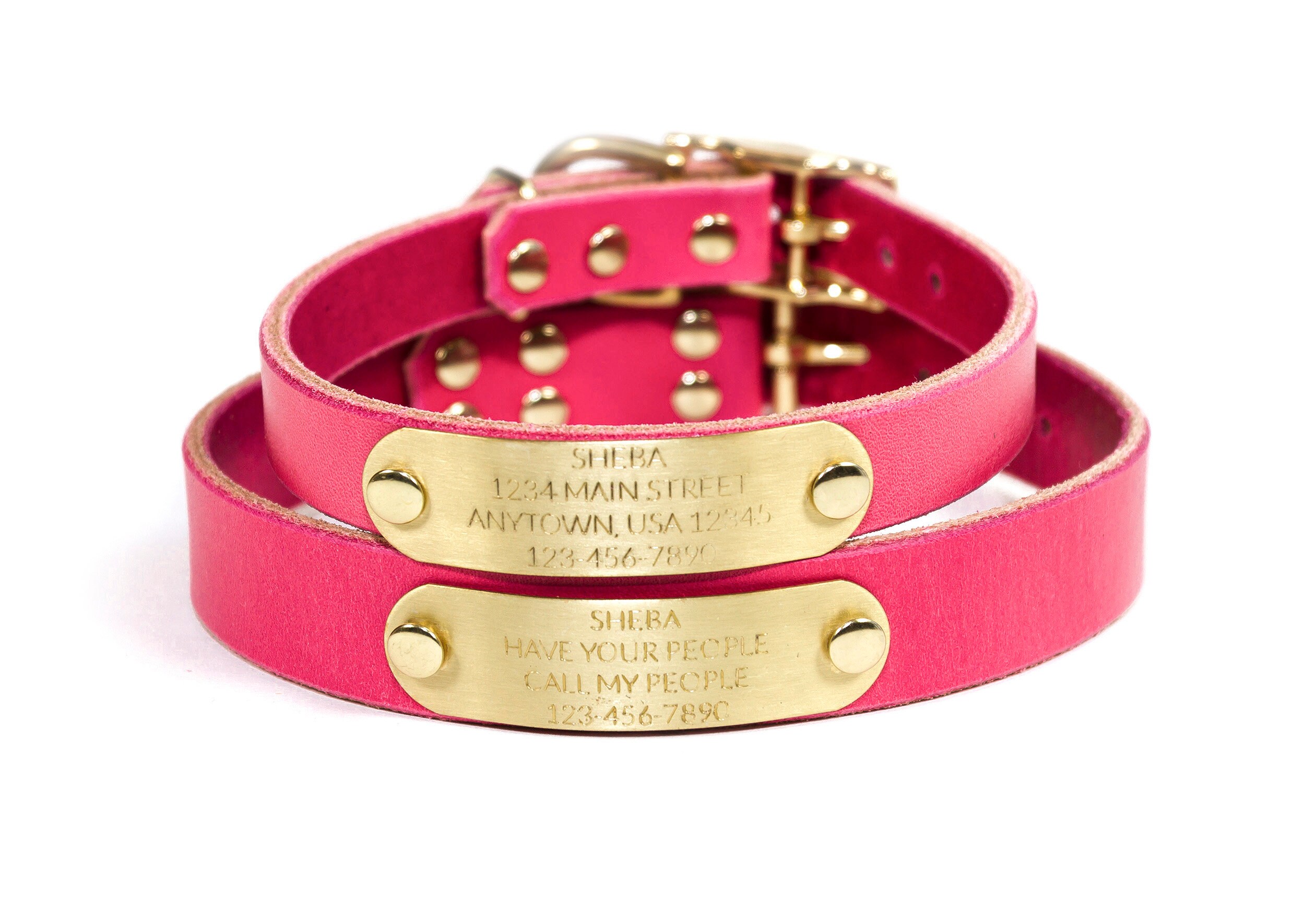 Personalized Pink Leather Dog Collar With Solid Brass Etsy