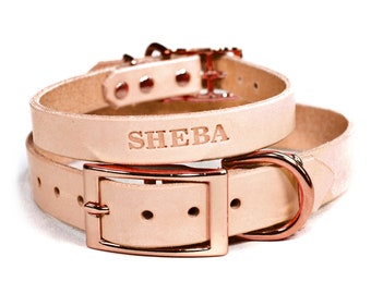 Personalized Natural Beige Leather Dog Collar, Rose Gold / Copper Tone Buckle, Embossed Name