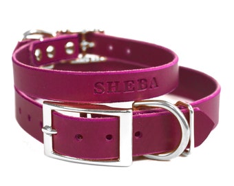 Personalized Leather Dog Collar, Magenta Purple Leather, Silver / Nickel Tone Buckle, with FREE Name, Pick Your Font