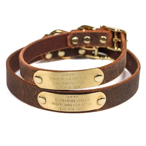 Personalized Dog Collar, Handmade Distressed Brown Leather, Engraved Brass Nameplate Quiet ID Tag