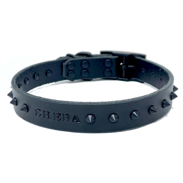 Spiked Personalized Black Leather Dog Collar, with Matte Black Metal Buckle and Spike Rivets, Engraved Name