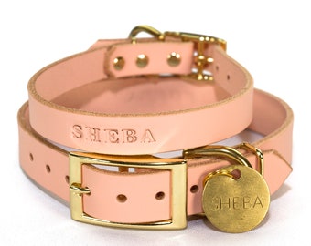 Personalized Blush Pink Leather Dog Collar, Brass / Gold Tone Buckle, with Embossed Name and Solid Brass ID Tag Dog Tag Hanging Tag
