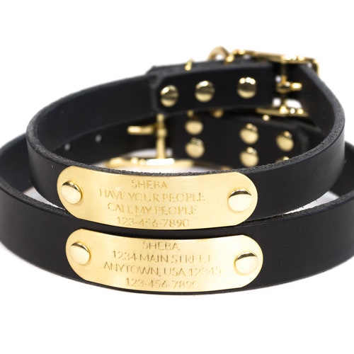 Personalized Studded Black Leather Dog Collar Brass / Gold - Etsy