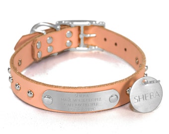 Personalized Studded Blush Pink Leather Dog Collar, Nickel / Silver Tone Dome Rivets, Engraved Stainless Steel Nameplate, Round ID Tag