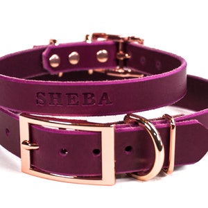 Magenta Purple Leather Copper Rose Gold Tone Buckle Personalized Leather Dog Collar with FREE Name Pick Your Font