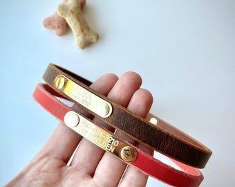 Personalized Leather Dog House Collar Slip-On with Brass Nameplate: Narrow Indoor Non-Adjustable Necklace in 16 Colors, For Cats Too