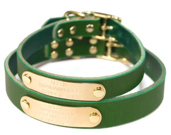 Personalized Emerald Green Leather Dog Collar, Brass / Gold Tone Buckle, with Engraved Nameplate, Quiet ID Tag