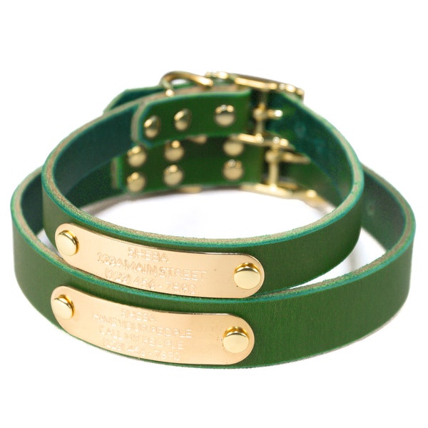 Personalized Emerald Green Leather Dog Collar, Brass / Gold Tone Buckle, with Engraved Nameplate, Quiet ID Tag