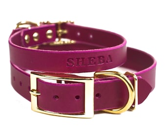 Personalized Leather Dog Collar, Magenta Purple Leather, Brass / Gold Tone Buckle, Embossed Name, Pick Your Font