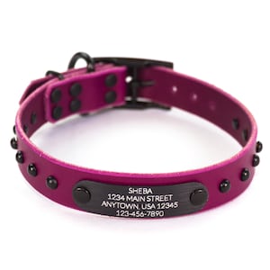 Personalized Studded Magenta Purple Leather Dog Collar, Matte Black Metal Dome Rivets, Engraved  Matching Nameplate Quiet ID Tag