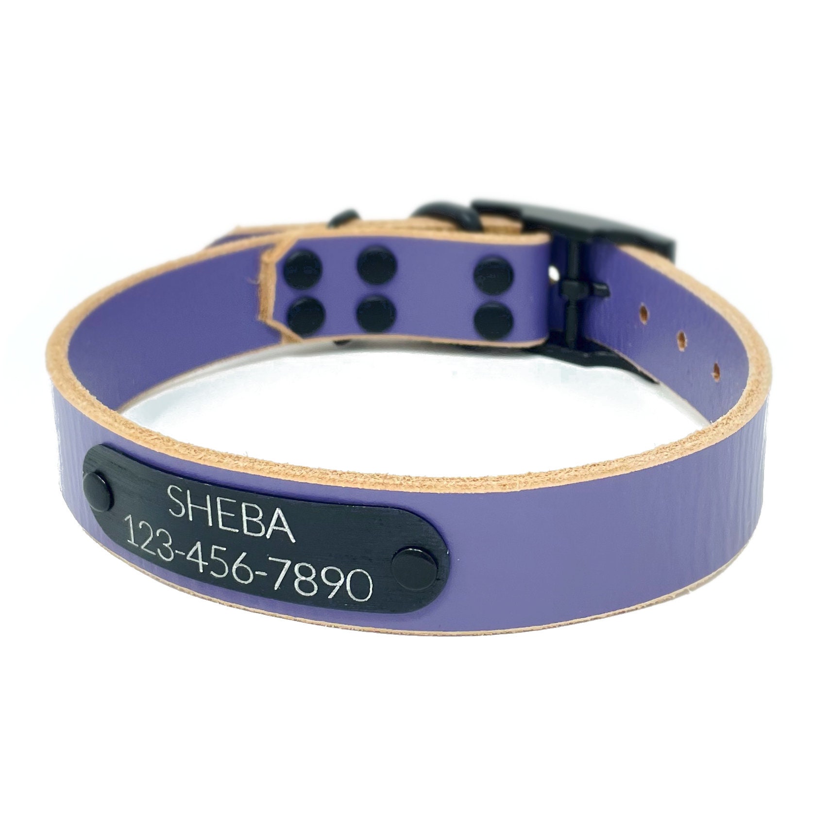 Personalized Periwinkle Leather Dog Collar Matte Black Id Tag