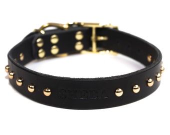 Personalized Studded Black Leather Dog Collar, Brass / Gold Tone Buckle with Dome Rivets, Embossed Name