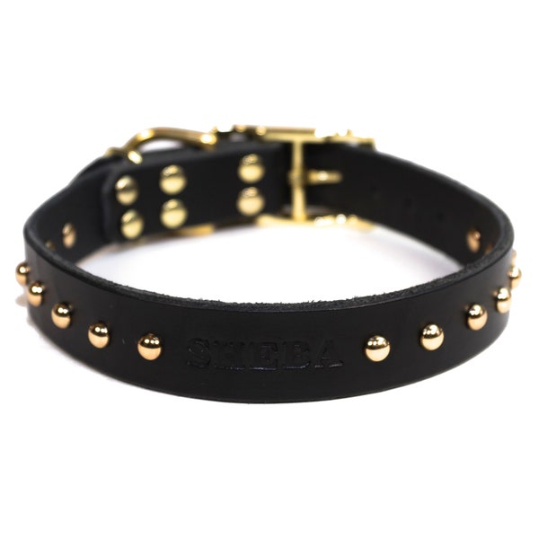 Personalized Studded Black Leather Dog Collar, Brass / Gold Tone Buckle with Dome Rivets, Embossed Name