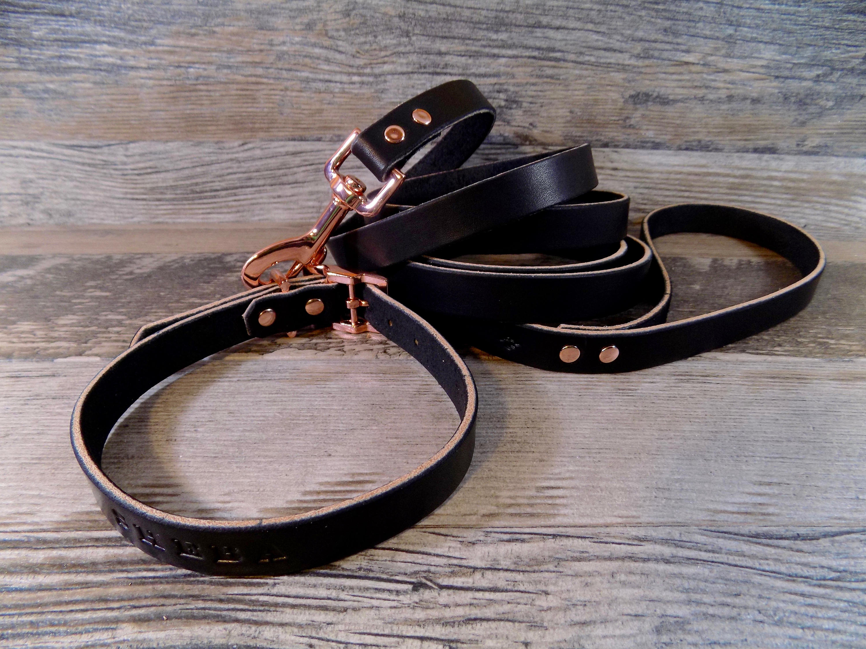 Personalized Black Leather Rose Gold Copper Dog Collar with Etsy
