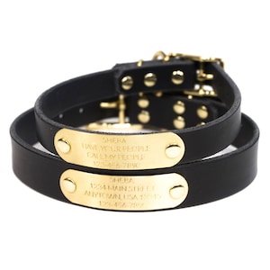 Personalized Black Leather Dog Collar, with Solid Brass Nameplate ID Tag, up to 4 Lines of Text