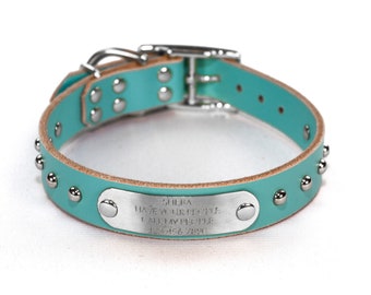 Personalized Studded Light Blue Leather Dog Collar, Nickel / Silver Tone Dome Stud Rivets, Engraved Stainless Steel Nameplate, Quiet Dog Tag