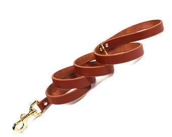 Handmade Brown Leather Dog Leash, Solid Brass Clip and D Ring