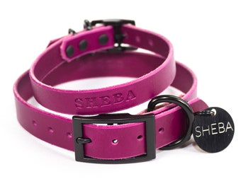 Personalized Magenta Leather Dog Collar, Engraved Round Black Hanging Tag