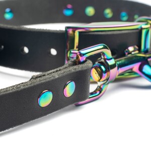 Op de afbeelding: Een zwarte leren hondenriem met een regenboogkleurige, iriserende metalen gesp en een bijpassende lijn. De riem heeft een rij metalen studs.