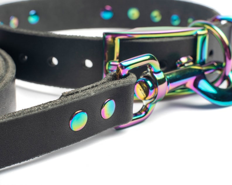 Op de afbeelding: Een zwarte leren hondenriem met een regenboogkleurige, iriserende metalen gesp en een bijpassende lijn. De riem heeft een rij metalen studs.