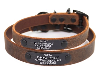 Personalized Distressed Brown Leather Dog Collar, Engraved Black Nameplate Quiet ID Tag