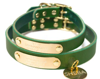 Personalized Emerald Leather Dog Collar: Solid Brass ID Tag & Nameplate