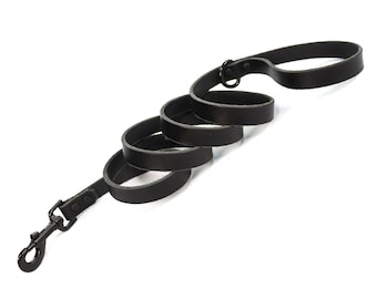 Handmade Leather Dog Leash, Matte Black Leather With Black Metal Hardware