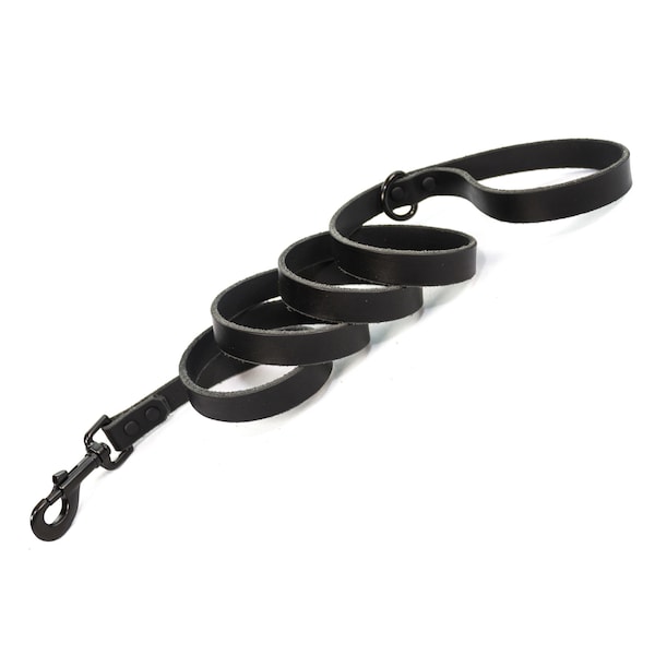 Handmade Leather Dog Leash, Matte Black Leather With Black Metal Hardware