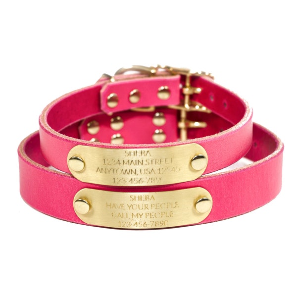 Personalized Pink Leather Dog Collar, with Solid Brass Nameplate ID Tag, up to 4 Lines of Text