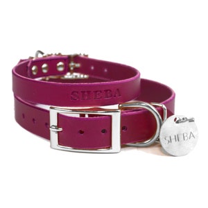 Personalized Leather Dog Collar, Magenta Purple Leather, Silver Tone Buckle, Embossed Name and Stainless Steel Tag Dog Tag Hanging Tag