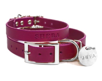 Personalized Leather Dog Collar, Magenta Purple Leather, Silver Tone Buckle, Embossed Name and Stainless Steel Tag Dog Tag Hanging Tag