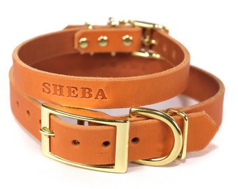 Personalized Orange Leather Dog Collar, Brass / Gold Tone Hardware